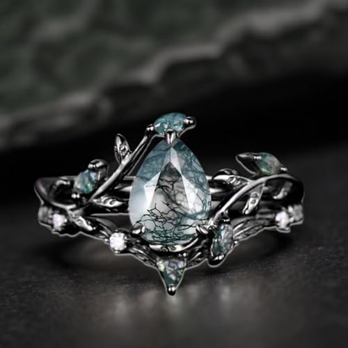 Pear Cut Moss Agate Engagement Ring Set for Women 1.5CT Natural Moss Agate Wedding Ring Set Sterling Silver 10K 14K 18K Gold Bridal Rings Set Size 4-122