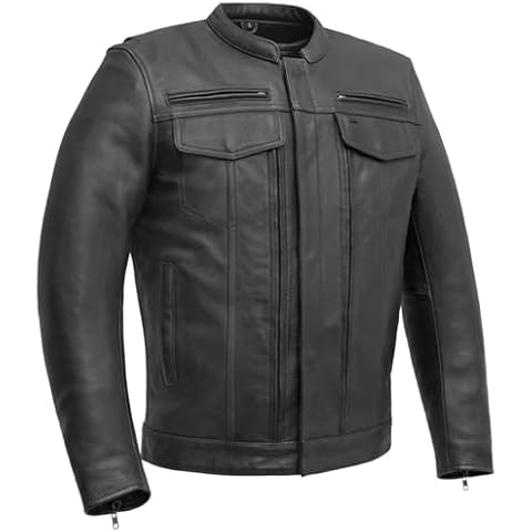 First Mfg Co - Raider - Men's Motorcycle Biker Riding Black Leather Jacket - Large - Action Back Armor Pockets Gussets Sun glasses slit Vented Cover