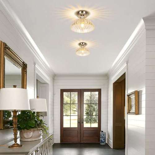 Image of JYZ Semi Flush Mount Ceiling Light, Brushed Nickel Ceiling Light Fixture with Ribbed Glass Shade, Vintage Light fixtures for Hallway, Entryway, Bathroom, Kitchen, Bedroom