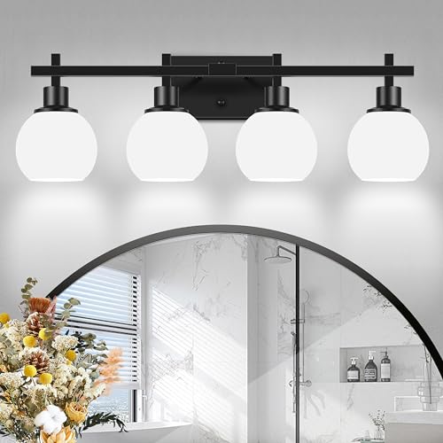 Luminaire vanité murale 4 lumières Dpyrrhic noir et verre blanc