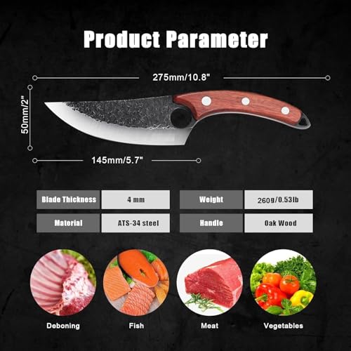 Image of 8 Inch Butcher Knife Hand Forged Boning Knife with Sheath Viking Style, High Carbon Steel Japanese Chef Knife Chopping Knife for Kitchen