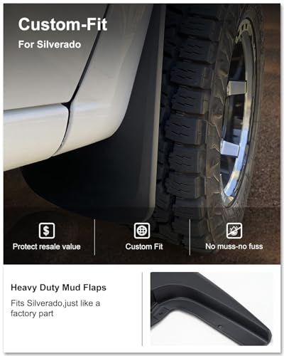 Image of Kiwi Master Mud Flaps for 2019-2026 Chevy Silverado 1500 (Not Fits ZR2 /LT Trail Boss /Custom Trail Boss), Heavy Duty Mud Guards, Front & Rear Splash Guards, No Drill, 4 Pcs Set