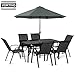 VORTIVO 8-teiliges Gartenmöbel Set | Sitzgruppe für 6 Personen mit Sonnenschirm – Tisch mit Glasplatte Stühle stapelbar – wetterfeste Essgruppe für Garten, Balkon & Terrasse – Schwarz