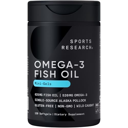 Sports Research® Omega-3 ­­Fish Oil Mini-Softgels - Sourced from Wild Caught Alaska Pollock - Burpless, Bovine Free, Non-GMO, & MSC Certified Sustainable - 120 Count