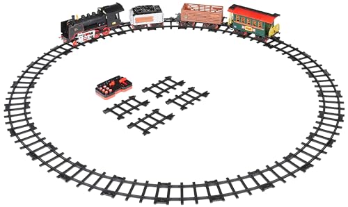 Image of Amazon Basics Remote Control Steam Engine Hobby Train Set with Tender and Gondola and Caboose Smoking, working light and realistic sounds Age 3 or up Perfect for Kids, Multicolor