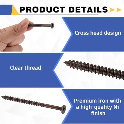 Image of 100 Pack Satin Nickel Wood Screws #9 x 3 Inch Extra Long Heavy-Duty Hinge Screws for Doors, Cabinets, Furniture & DIY Projects, Oil Rubbed Bronze