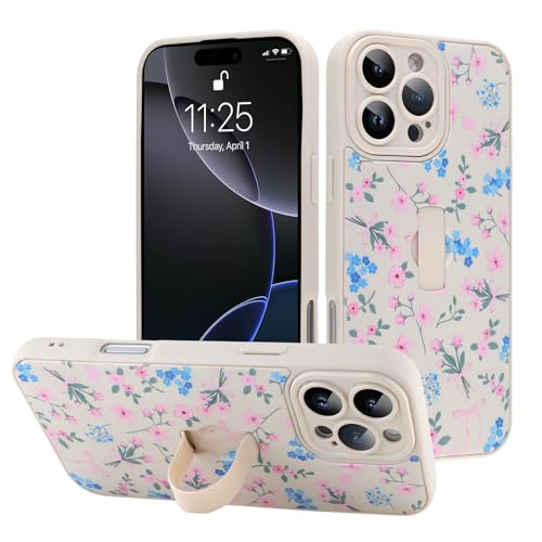 LEOMAKRON for iPhone 16 Pro Max Case with Finger Strap Kickstand Cute Pink Flower Heart Bowknot Pattern for Women Girls Full Camera Protection Aesthetic Shockproof TPU Design White
