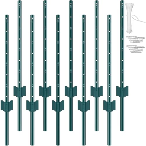 VEVOR 3 Fuß langer Zaunpfosten, 10er-Pack T-Pfosten Hochleistungs-Zaunpfosten aus Metall, stabile Zaunpfähle aus Stahl für Gartenhof, Rasen, Bauernhöfe und Maschendrahtzäune im Freien, grün
