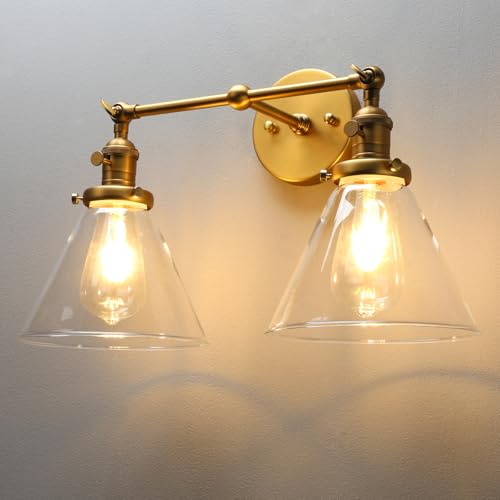 Image of PERMO Double Sconce Vintage Industrial Gold 2-Lights Wall Sconces with Funnel Flared Glass Clear Glass Shade Antique Scocne for Bathroom Living Room Home Office