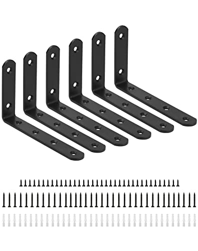 QWORK® 6 Piezas Soporte Estanteria, Soporte En L, Escuadras Metalicas, Con Tornillos Y Tubos De Expansión, 125x75x20mm, Negro