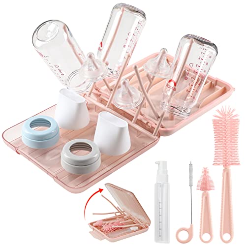 Image of 6 in 1 Baby Bottle Cleaner Set with Drying Rack,Silicone Baby Bottle Brush,Straw Brush,Nipple Brush,Soap Dispenser and Storage Box, Portable Baby Essentials for Home&Travel(Pink)