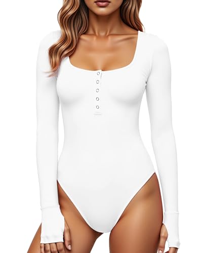 GJY Damen Bodysuits,Druckknopf-Verschluss Rundhalsausschnitt Lange Ärmel...