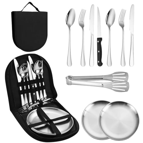 Cubiertos Camping, 10 Piezas Platos Camping, 2 Personas Vajilla Camping, Portátil Picnic Set, Duradero Menaje Camping, Cubiertos Camping para Camping, Picnic, Viajes y BBQ
