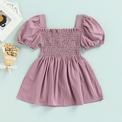 Brilliantme Toddler Kids Baby Girl Summer Clothes Square Neck Shortsleeve A-Line Dress Solid Color Button Cotton Line Dresses (Button Puff Sleeve-Purple, 1-2 Years) #TOP2