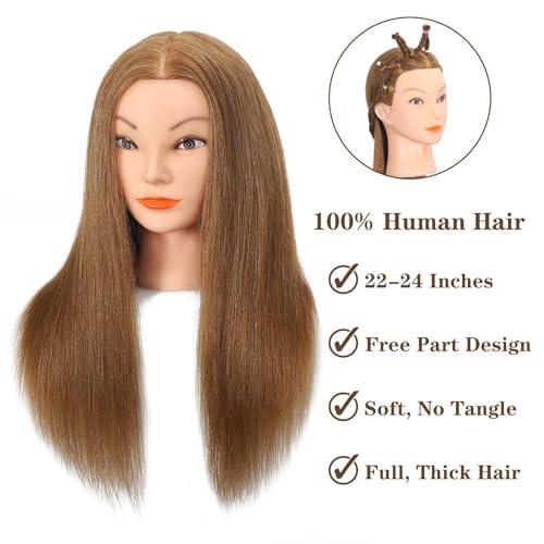 Opini Mannequin Head with 100% Real Human Hair Cosmetology Mannequin Doll Head for Practice Braiding Hairdresser Head with Stand and Tool (#Light Brown)