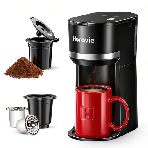 Horavie Small Single Serve Coffee Maker for K Cup and Grounds, Fast Brew One Cup Coffee Machine with One Button, 6 to 12 oz. Brew Sizes, Perfect for Home and Travel, Black