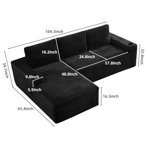 Image of 104 inch L Shaped Boneless Sectional Couches for Living Room, Comfy Corduroy Floor Cloud Sofa with Chaise and Cup Holder, Wide Armrest, Deep Seat, Assembly Free, Ideal for Small Spaces, Black