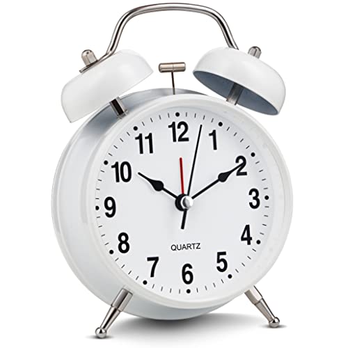 Bernhard Products Analog Alarm Clock Extra Loud Twin Bells Retro White 4 Inch Silent Non-Ticking Quartz Battery Operated with Backlight, Decorative Bedside Table Desk Vintage Clocks for Heavy Sleepers