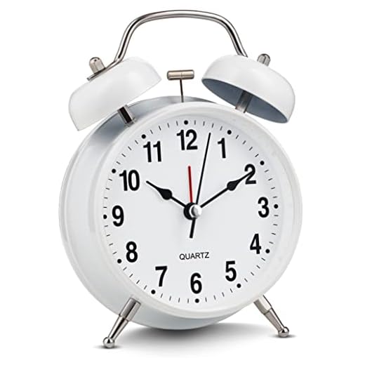 Bernhard Products Analog Alarm Clock Extra Loud Twin Bells Retro White 4 Inch Silent Non-Ticking Quartz Battery Operated with Backlight, Decorative Bedside Table Desk Vintage Clocks for Heavy Sleepers