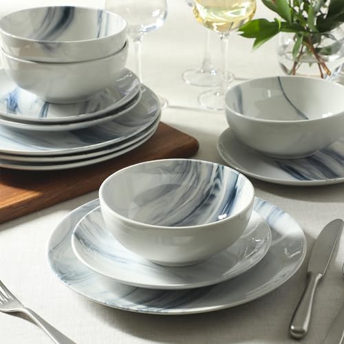 Image of Gibson Home Cloudlight 12 Piece Plates and Bowls Dishes Blue and White - Decorated Porcelain Ceramic Dinnerware Set - Service for 4