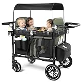 Kinder King Wagon Stroller for 4 Kids, All-Terrain Foldable Outdoor Stroller Wagon 4 Seater, Removable Canopy, Adjustable Handle, Shock-Absorbing Wheel, Detachable Tray, Large Storage, Green
