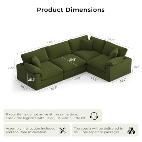 Image of Modular Sectional Sofa, 4 Seater Cloud Couch,Down Filled Comfy Cloud Modern Sofa,Green Linen Oversized Couch Cushion Covers Removable for Living Room