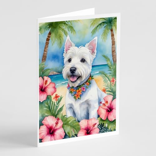 Caroline's Treasures Westie Luau Greeting Cards Pack of 8 Blank Cards with Envelopes Whimsical A7 Size 5x7 Blank Note Cards