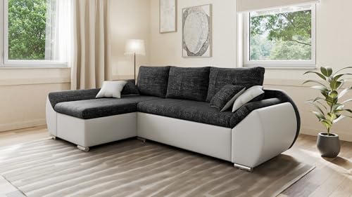 mb-moebel Canapé d'angle convertible Alex avec Pouf - Combinaison moderne de tissu structuré et simili cuir, pratique et confortable - Gauche, Noir+Blanc...