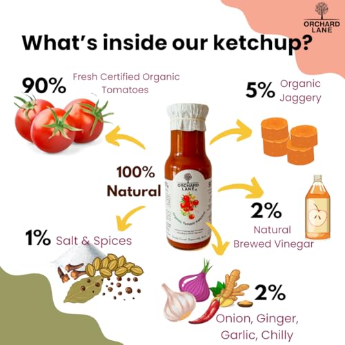 Image of Orchard Lane Organic Tomato Ketchup | Certified Organic, No Preservatives, No Refined Sugar | Less Sweet, Low Calorie, Non Fattening | Healthy Ketchup for Kids & Adults | Glass Bottle | 230g x 2 Pack