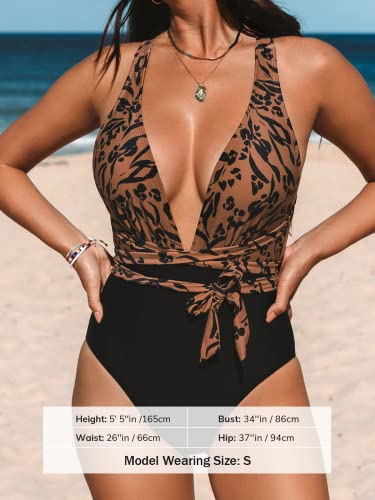 Cupshe One Piece Swimsuit For Women Bathing Suit Sexy Deep V Neck Wrap Tie Cross Back, L Brown #TOP7