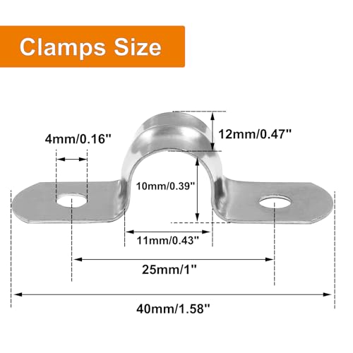 Image of Biaungdo M10 3 /8 inch Stainless Steel Pipe Strap, Silver, 60 Pcs | Rigid, Two Hole Strap, U Bracket Pipe Clamps, Heavy Duty Conduit Clamps, Tension Tube Clip Cable Clamp Hanger