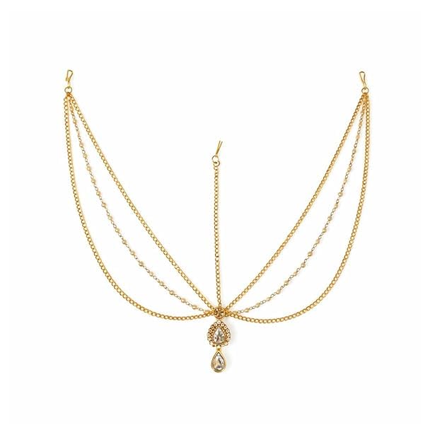 Art Jewellery delicate golden finish three layered with a white stone droplet maang tikka/Matha Patti/Sheeshphool/Bridal jewellery for women and girls.-image-35