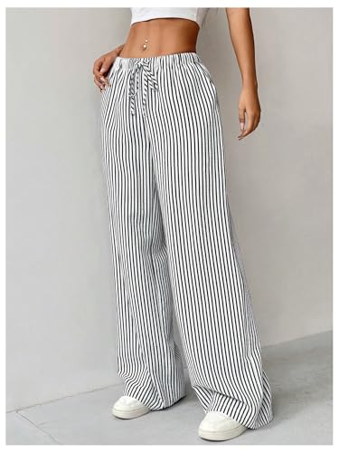 SweatyRocks Women's Y2K Striped Pants Wide Leg Drawstring High Waist Long Trousers with Pocket4