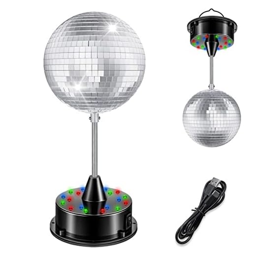 5-Inch Mirror Ball and 6RPM Rotating Motor Base, AGSION Disco Party Ambient Light, Base 18 Red, Green, Blue Three Color Bulbs, for Home Parties, Weddings, Nightclubs, Bars, Bands, KTV, Parties