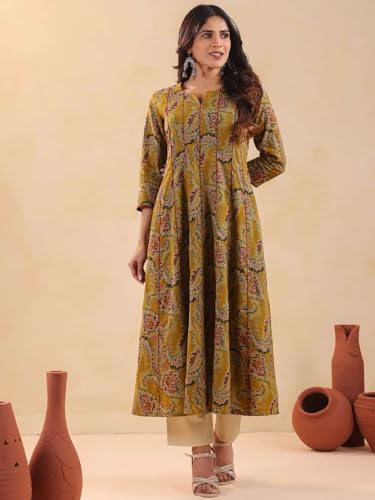 Image of Rimeline Women's Cotton Anarkali Kurta | Printed Flared Ethnic Kurti with 3 /4 Sleeves | Festive & Casual Wear