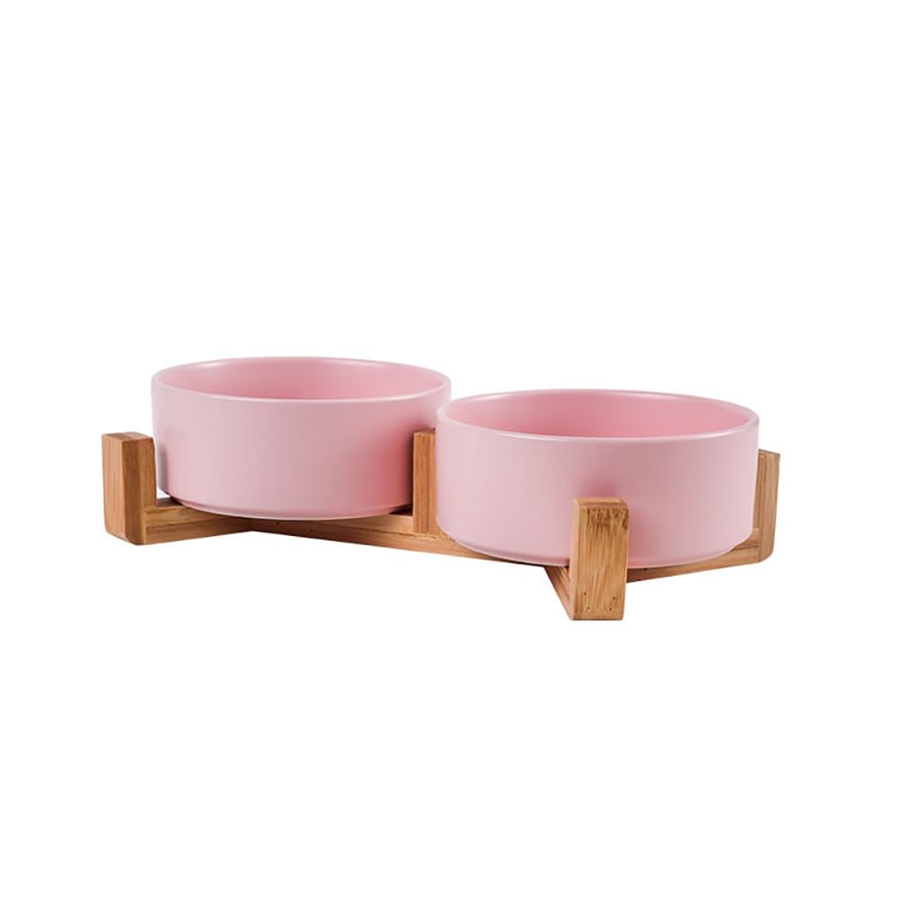 Ceramiczny Podwójny Zestaw Misek Dla Zwierząt | Podwyższona Ceramiczna Podwójna Miska Dla Zwierząt, Umieszczona Na Drewnianej Podstawie Do Użytku(Pink,11cm)