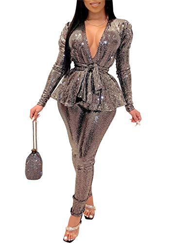 Women Sexy Sequin 2 Piece Club Outfit Deep V Neck Ruffle Tops and Skinny Pants Silver