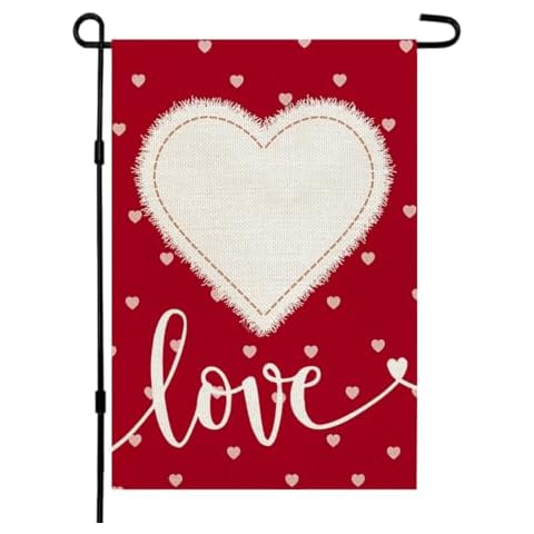 CROWNED BEAUTY Valentines Day Garden Flag 12x18 Inch Double Sided for Outside Small Burlap Red Love Heart Holiday Yard Decoration Cover