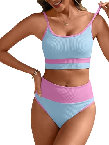Image of ANRABESS Women's High Waisted Bikini Sets,Color Block 2 Piece Swimsuits,Tummy Control Bathing Suits,Thick Ribbed Beach Wear