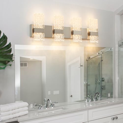 Image of Modern Brushed Nickel 4 Lights Bathroom Vanity Light, Eleglant Nickel LED Bathroom Light Fixtures over Mirror, Dimmable Acrylic Shade Wall Lighting Fixtures, Hardwired Wall Light(H9.25in, L28.35in)