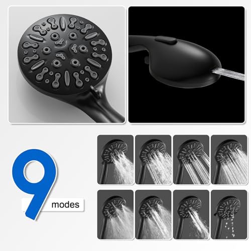 OUGOO Retrofit 2-Way Shower Head Combo, 8-Function Rainfall Shower Head with 9 Setting Handheld Shower Combo, Adjust Slide Bar and Shower Arm, 2.5 GPM, Drill-Free Shower System, Black by OUGOO - Image 2
