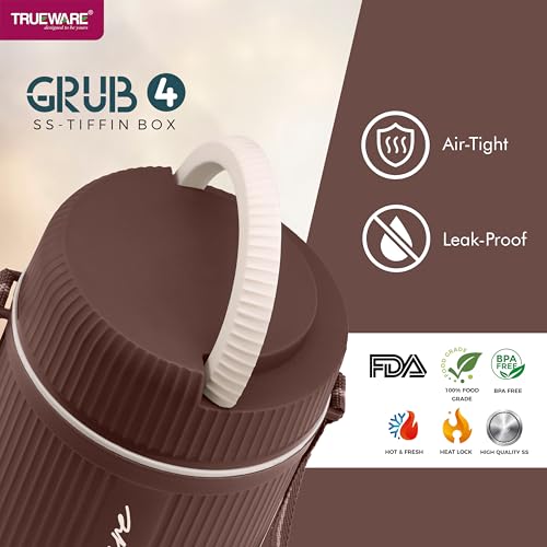 Image of Trueware Plastic Grub 4 Double Wall Insulated Hot Lunch Box with 3 SS Container 300 Ml Each & 1 SS Container 200Ml | BPA Free | Food Grade | Hot and (LBI-GRB-004-Brown BAZ)
