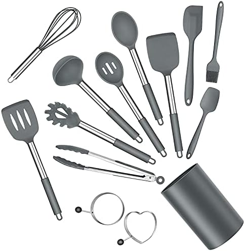 Silicone Cooking Utensils Set, E-far 14-Piece Gray Kitchen Utensils Set with Holder, Kitchen Tools Spatulas with Stainless Steel Handle for Non-stick Cookware, Heat Resistant & Dishwasher safe