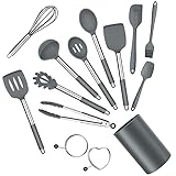 Silicone Cooking Utensils Set, E-far 14-Piece Gray Kitchen Utensils Set with Holder, Kitchen Tools Spatulas with Stainless Steel Handle for Non-stick Cookware, Heat Resistant & Dishwasher safe