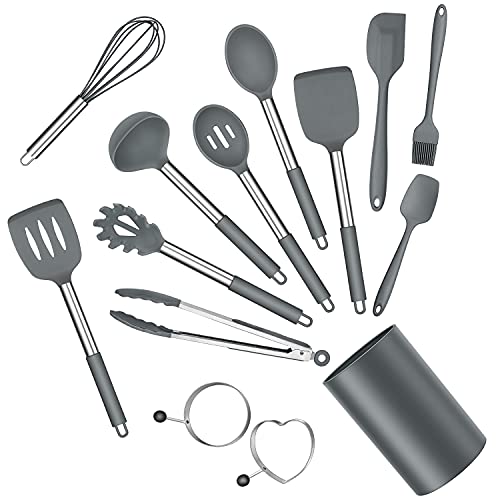 Silicone Cooking Utensils Set, E-far 14-Piece Gray Kitchen Utensils Set with Holder, Kitchen Tools Spatulas with Stainless Steel Handle for Non-stick Cookware, Heat Resistant & Dishwasher safe