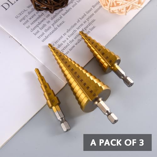 3 pcs HSS Step Bits, High Speed Steel Step Drill Bit Set (4-12mm, 4-20mm, 4-32 mm) Cone Drill Bits Hole Cutter,Cone Hole Cutter Drill Bits with Universal Hex Shank for Wood, Plastic and Sheet Metal 3 3 pcs HSS Step Bits, High Speed Steel Step Drill Bit Set (4-12mm, 4-20mm, 4-32 mm) Cone Drill Bits Hole Cutter,Cone Hole Cutter Drill Bits with Universal Hex Shank for Wood, Plastic and Sheet Metal - Image 3
