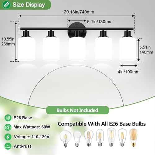 Image of 5-Light Bathroom Light Fixtures, Black Modern Vanity Lights with Milky White Frosted Glass Shades, Bathroom Wall Lamp, Clear Glass Shade, for Mirror, Living Room, Kitchen, Hallway, Cabinet, Porch