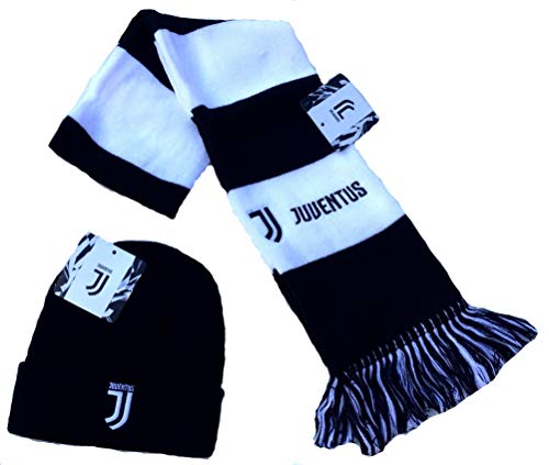SCRITTA-STEMMI RICAMATI JUVENTUS Set Juve Sciarpa + Cuffia Ufficiale Kit Tubolare Berretto Cappello in Acrilico SETJUTFA04CUFNE01