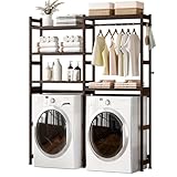 Cozivolife Over The Washer and Dryer Storage Shelf Bamboo,5 Tiers Laundry Room Drying Rack with Adjustable Shelves and 4 Hooks,Space Saver Organizer for Hanging Clothes and Towels (Brown)