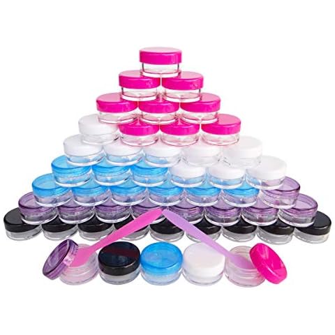GreatforU 50pack 5g Empty Sample Jars, 5ml Small Cosmetic Container for Makeup Eyeshadow Nails Oils Lip Balm Scrubs Jewelry Cream, 5 Gram Plastic Clear Pot with Multi-color Lid, Free Dispense Spatulas Cover